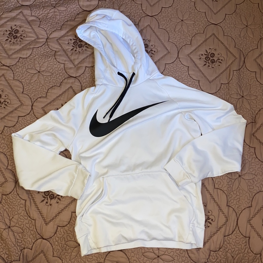 nike white hoodie w black logo drawstring